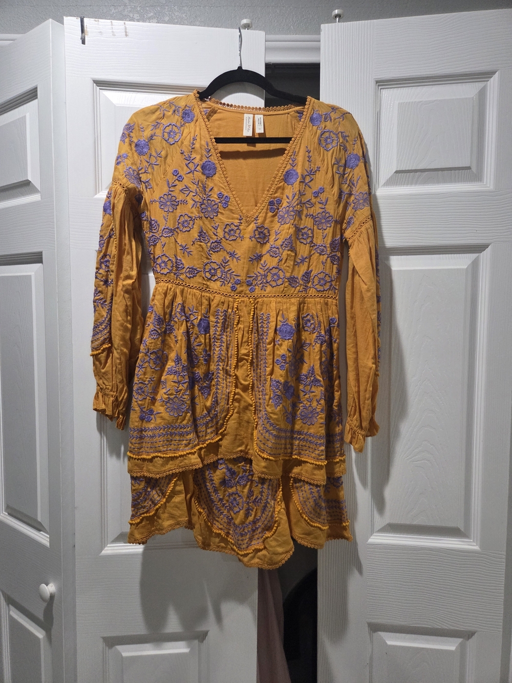 Anthropologie Mustard Long-Sleeve Tunic Dress with Purple Embroidery